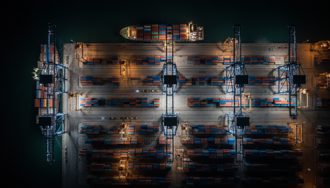 Cargo port at night with industrial lighting